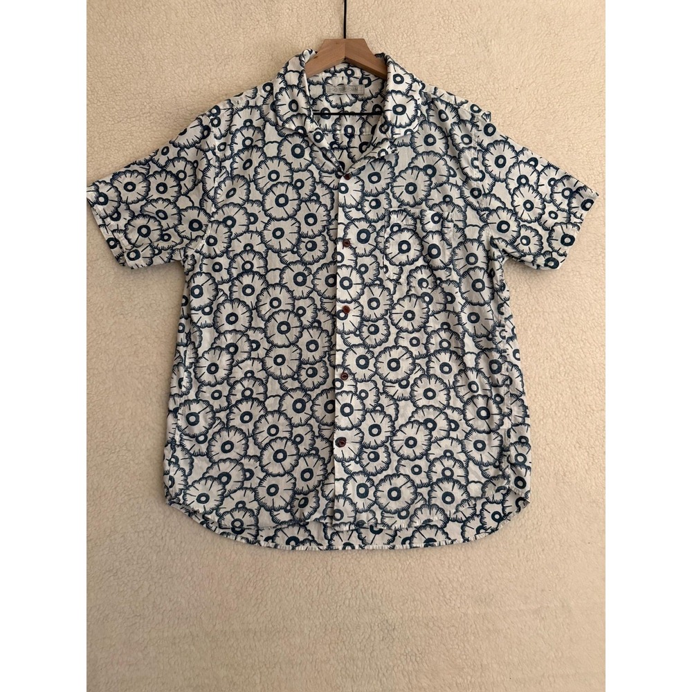 Outerknown Mens Large Floral Hemp Cotton Short Sleeve Button Up Shirt White Blue